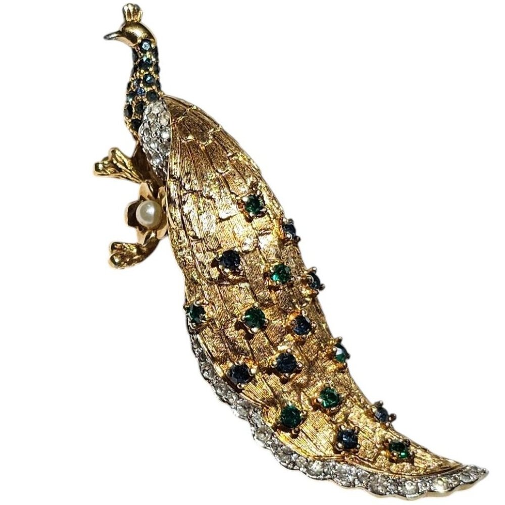 Jomaz Green Clear Rhinestone Peacock Brooch, Signed L808
